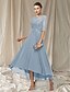 cheap Mother of the Bride Dresses-A-Line Mother of the Bride Dress Elegant Jewel Neck Asymmetrical Ankle Length Chiffon Lace Half Sleeve with Pleats Appliques 2022