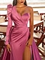 cheap Prom Dresses-A-Line Elegant Vintage Party Wear Prom Birthday Dress One Shoulder Long Sleeve Court Train Satin with Ruched Slit 2022