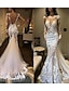 cheap Wedding Dresses-Engagement Formal Wedding Dresses Mermaid / Trumpet Jewel Neck Long Sleeve Court Train Lace Bridal Gowns With Pleats Appliques 2024