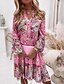 cheap Print Dresses-Women‘s Shift Dress Boho Dress Knee Length Dress Pink Long Sleeve Floral Ruffle Smocked Print Summer Spring V Neck Boho Casual Flare Cuff Sleeve 2023 4XL