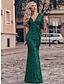 Χαμηλού Κόστους Βραδινά Φορέματα-Τρομπέτα / Γοργόνα Λάμψη Αρραβώνας Επίσημο Βραδινό Φόρεμα Λαιμόκοψη V Κοντομάνικο Μακρύ Τούλι με Πούλιες 2022