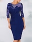 cheap Cocktail Dresses-Sheath Cocktail Elegant Dress Fall Wedding Guest Dress Long Sleeve Black Dress Midi Dress Floral Embroidery Illusion Neck With Beading Lace 2024