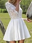 cheap Wedding Dresses-Reception Little White Dresses Wedding Dresses A-Line V Neck Half Sleeve Short / Mini Satin Bridal Gowns With Pleats Appliques 2024