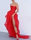 cheap Evening Dresses-A-Line Evening Gown Celebrity Style Dress Wedding Guest Engagement Court Train Sleeveless Strapless Tulle with Ruched Ruffles Slit 2024