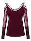 cheap Women&#039;s T-shirts-Women&#039;s Lace Shirt T shirt Tee Going Out Tops Burgundy Tee Plain Casual Weekend Lace Cut Out Black Long Sleeve Basic Off Shoulder V Neck Fall &amp; Winter