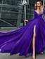 cheap Evening Dresses-A-Line Evening Gown Empire Black Dress Holiday Wedding Guest Floor Length Long Sleeve V Neck Chiffon V Back with Slit Pure Color 2024