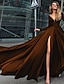 ieftine Rochii de Seară-rochie de seară în formă de a rochie neagră imperiu sărbători pentru invitați la nuntă lungime podea mânecă lungă decolteu în v șifon în v spate cu fante culoare pură 2024