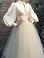 Χαμηλού Κόστους Vintage Ρομαντισμός-Γραμμή Α Φορεματα για γαμο Με Κόσμημα Μακρύ Σατέν Τούλι Μακρυμάνικο Απλό Πεπαλαιωμένο 1950 με Πιασίματα 2022