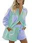 cheap Women&#039;s Sleep &amp; Lounge-Women&#039;s 1 set Loungewear Sets Simple Fashion Comfort Stripe Polyester Home Street Daily Lapel Breathable Gift Shirt Long Sleeve Elastic Waist Button Shorts Fall Spring Green Pink / Buckle / Sport