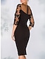 cheap Cocktail Dresses-Sheath Cocktail Elegant Dress Fall Wedding Guest Dress Long Sleeve Black Dress Midi Dress Floral Embroidery Illusion Neck With Beading Lace 2024