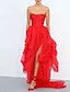 cheap Evening Dresses-A-Line Evening Gown Celebrity Style Dress Wedding Guest Engagement Court Train Sleeveless Strapless Tulle with Ruched Ruffles Slit 2024