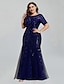 cheap Wedding Guest Dresses-Mermaid / Trumpet Evening Gown Empire Dress Wedding Guest Formal Evening Floor Length Short Sleeve Jewel Neck Bridesmaid Dress Tulle with Embroidery 2024