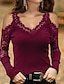 cheap Women&#039;s T-shirts-Women&#039;s Lace Shirt T shirt Tee Going Out Tops Burgundy Tee Plain Casual Weekend Lace Cut Out Black Long Sleeve Basic Off Shoulder V Neck Fall &amp; Winter