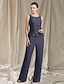 cheap Mother of the Bride Dresses-Pantsuit / Jumpsuit 3 Piece Suit Mother of the Bride Dress Elegant Jewel Neck Floor Length Chiffon Lace Sleeveless with Sequin 2022