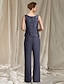 cheap Mother of the Bride Dresses-Pantsuit / Jumpsuit 3 Piece Suit Mother of the Bride Dress Elegant Jewel Neck Floor Length Chiffon Lace Sleeveless with Sequin 2022