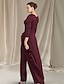 cheap Mother of the Bride Pantsuits-Jumpsuit / Pantsuit Mother of the Bride Dress Wedding Guest Elegant V Neck Floor Length Chiffon 3/4 Length Sleeve with Ruched Ruffles 2024
