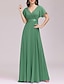 cheap Wedding Guest Dresses-A-Line Empire Fall Wedding Guest Dress Red Green Dress Plus Size Formal Evening Dress V Neck Short Sleeve Floor Length Chiffon with Pleats Ruched 2024
