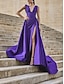 cheap Prom Dresses-A-Line Celebrity Style Minimalist Elegant Engagement Prom Dress V Neck Sleeveless Court Train Satin with Slit Overskirt 2022