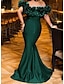 preiswerte Abendkleider-Meerjungfrau-Abendkleid, smaragdgrünes Kleid, rot-grünes Verlobungskleid, Sweep/Pinsel-Schleppe, kurze Ärmel, schulterfrei, Stretch-Satin mit elegantem 2024