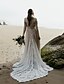 billiga Brudklänningar-A-linje Bröllopsklänningar V-hals Hovsläp Chiffong Spets Långärmad Strand Bohem Sexig Genomskinliga Öppen rygg med Spetsinlägg 2022