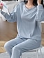 abordables Pijamas para mujeres-Mujer Pijamas Camisón Conjuntos 2 Piezas Color puro Moda Sencillo Confort Hogar Diario Cama Algodón Transpirable Regalo Escote en V Manga Larga Pantalón Cintura elástica Básico Primavera Otoño Negro