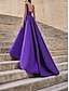 cheap Prom Dresses-A-Line Celebrity Style Minimalist Elegant Engagement Prom Dress V Neck Sleeveless Court Train Satin with Slit Overskirt 2022