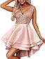 cheap Cocktail Dresses-A-Line WE Party Dress Homecoming Cocktail Party Asymmetrical Sleeveless V Neck Pink Dress Satin with Sequin Tiered 2024