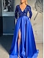 cheap Prom Dresses-A-Line Celebrity Style Sparkle Red Green Dress Prom Dress V Neck Long Sleeve Sweep / Brush Train Satin with Slit Splicing 2024