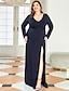 cheap Plus Size Dresses-A-Line Evening Gown Plus Size Dress Formal Evening Floor Length Long Sleeve V Neck Polyester with Slit Pure Color 2023
