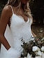 baratos Vestidos de Casamento-Sereia Vestidos de noiva Decote V Com Alças Finas Cauda Corte Renda Sem Manga Praia Sexy Frente Única com Apliques 2022