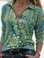 cheap Women&#039;s Blouses &amp; Shirts-Women&#039;s Shirt Blouse Blue Purple Green Ethnic Quarter Zip Print Long Sleeve Holiday Casual V Neck Regular S