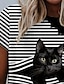 cheap Tees &amp; T Shirts-Women&#039;s T shirt Striped 3D Cat Striped Cat Graphic Round Neck Print Basic Vintage Tops Black / 3D Print