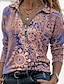 cheap Women&#039;s Blouses &amp; Shirts-Women&#039;s Shirt Blouse Blue Purple Green Ethnic Quarter Zip Print Long Sleeve Holiday Casual V Neck Regular S