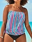 cheap Tankinis-Women&#039;s Swimwear Tankini 2 Piece Plus Size Swimsuit 2 Piece Modest Swimwear Open Back Stripe Printing Striped Strapless Vacation Beach Wear Bathing Suits