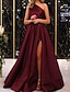 cheap Evening Dresses-A-Line Minimalist Elegant Engagement Formal Evening Birthday Dress One Shoulder Sleeveless Floor Length Satin with Pleats Slit 2022