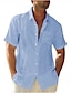cheap Cotton Linen Shirt-Men&#039;s Guayabera Shirt Linen Shirt Summer Shirt Beach Shirt Black White Light Blue Short Sleeve Plain Turndown Summer Outdoor Street Clothing Apparel Button-Down