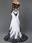 Χαμηλού Κόστους Βραδινά Φορέματα-γοργόνα μαύρο φόρεμα έγχρωμο μπλοκ επίσημο βραδινό φόρεμα εκτός ώμου μακρυμάνικο σκούπισμα / βούρτσα πολυεστέρας με ένθετο δαντέλας 2022