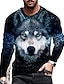 お買い得  動物とマペット-男性用 男女兼用 Tシャツ 面白いTシャツ オオカミ グラフィック クルーネック ブルー 3Dプリント 日常 祝日 長袖 プリント 衣類 デザイナー カジュアル 大きくて背が高い