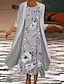 cheap Print Dress Sets-Women&#039;s Dress Set Two Piece Dress Chiffon Dress Midi Dress Gray 3/4 Length Sleeve Floral Chiffon Summer Spring Crew Neck Stylish Loose Fit 2023 S M L XL XXL