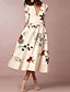 cheap Work Dresses-Women&#039;s Casual Dress Swing Dress Midi Dress Beige 3/4 Length Sleeve Floral Print Winter Fall Autumn V Neck Stylish 2023 S M L XL XXL 3XL