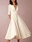 cheap Wedding Dresses-Bridal Shower Little White Dresses Wedding Dresses Tea Length A-Line Half Sleeve V Neck Satin With Pleats 2023 Bridal Gowns