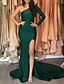cheap Wedding Guest Dresses-Mermaid / Trumpet Evening Dresses Elegant Dress Wedding Guest Chapel Train Long Sleeve One Shoulder Satin with Slit Pure Color 2022 / Formal Evening