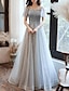 billiga Balklänningar-a-line festklänning glittrande elegant bröllopsgäst formell aftonklänning urringad kortärmad golvlängd tyll med veck paljett 2024