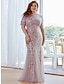 cheap Evening Dresses-Mermaid / Trumpet Evening Gown Plus Size Dress Formal Evening Floor Length Short Sleeve Jewel Neck Fall Wedding Guest Tulle Ladder Back with Sequin Appliques 2024