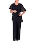 cheap Mother of the Bride Pantsuits-Two Piece Jumpsuit / Pantsuit Mother of the Bride Dress Wedding Guest Elegant Cape Dress Plus Size Jewel Neck Floor Length Chiffon Short Sleeve with Cascading Ruffles 2024