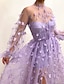 cheap Prom Dresses-A-Line Prom Dresses Floral Dress Wedding Guest Prom Floor Length Long Sleeve V Neck Tulle with Appliques 2024