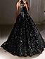 cheap Evening Dresses-Ball Gown Glitter Prom Black Dress Luxurious Tulle Sparkly Dress For Wedding Party Quinceanera Sweep / Brush Train Sleeveless V Neck Tulle V Back with Sequin 2024