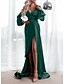 cheap Wedding Guest Dresses-A-Line Reformation Amante Sexy Wedding Guest Formal Evening Dress V Neck Long Sleeve Sweep / Brush Train Satin with Slit Pure Color 2022