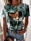cheap Tees &amp; T Shirts-Women&#039;s Casual Weekend T shirt Tee 3D Cat Painting Short Sleeve Cat 3D Round Neck Print Basic Tops Green Blue Fuchsia S / 3D Print