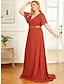 cheap Wedding Guest Dresses-A-Line Empire Fall Wedding Guest Dress Red Green Dress Plus Size Formal Evening Dress V Neck Short Sleeve Floor Length Chiffon with Pleats Ruched 2024